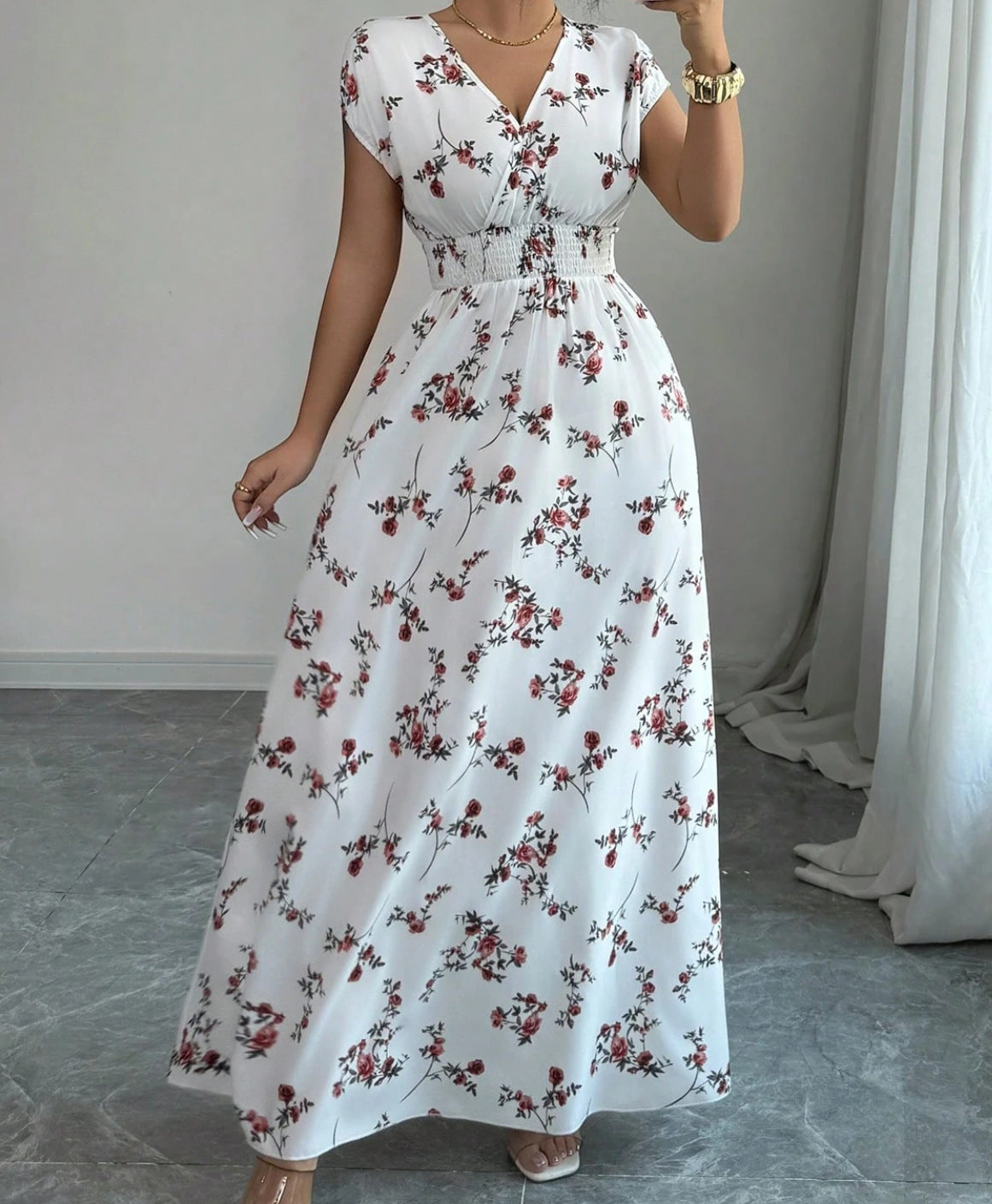 Floral Print V-Neck Lace-Up A-Line Dress
