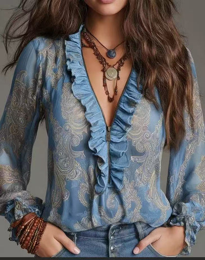 Floral Print V-Neck Long Sleeve Blouse