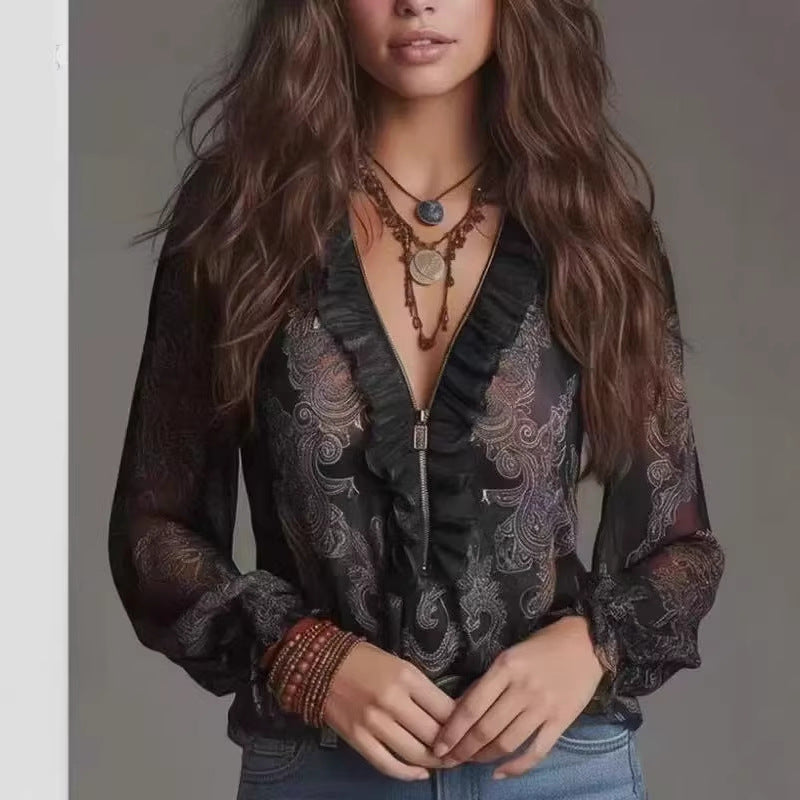 Floral Print V-Neck Long Sleeve Blouse