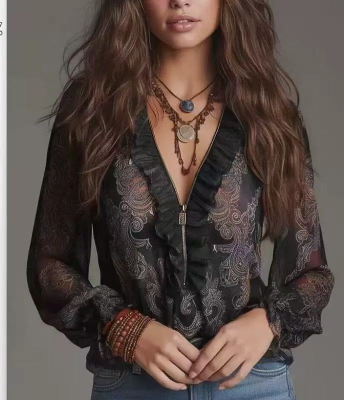 Floral Print V-Neck Long Sleeve Blouse