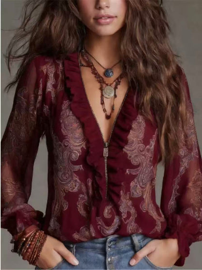 Floral Print V-Neck Long Sleeve Blouse