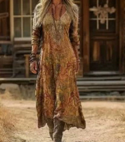 Floral Print V-Neck Long Sleeve Dress