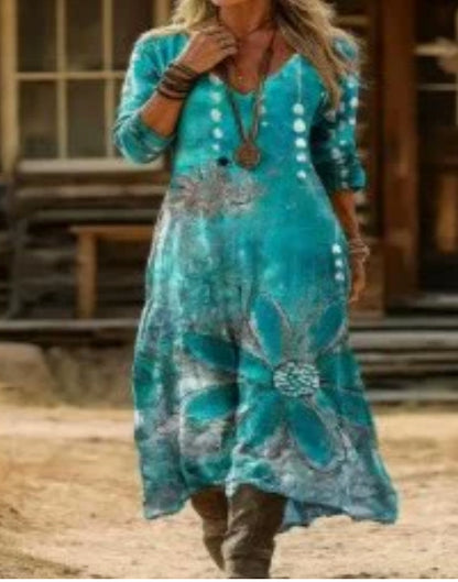 Floral Print V-Neck Long Sleeve Dress