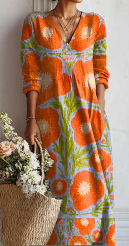 Floral Print V-Neck Long Sleeve Dress