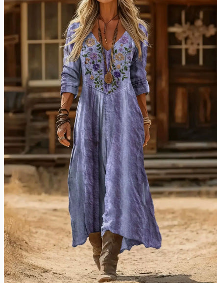 Floral Print V-Neck Long Sleeve Dress