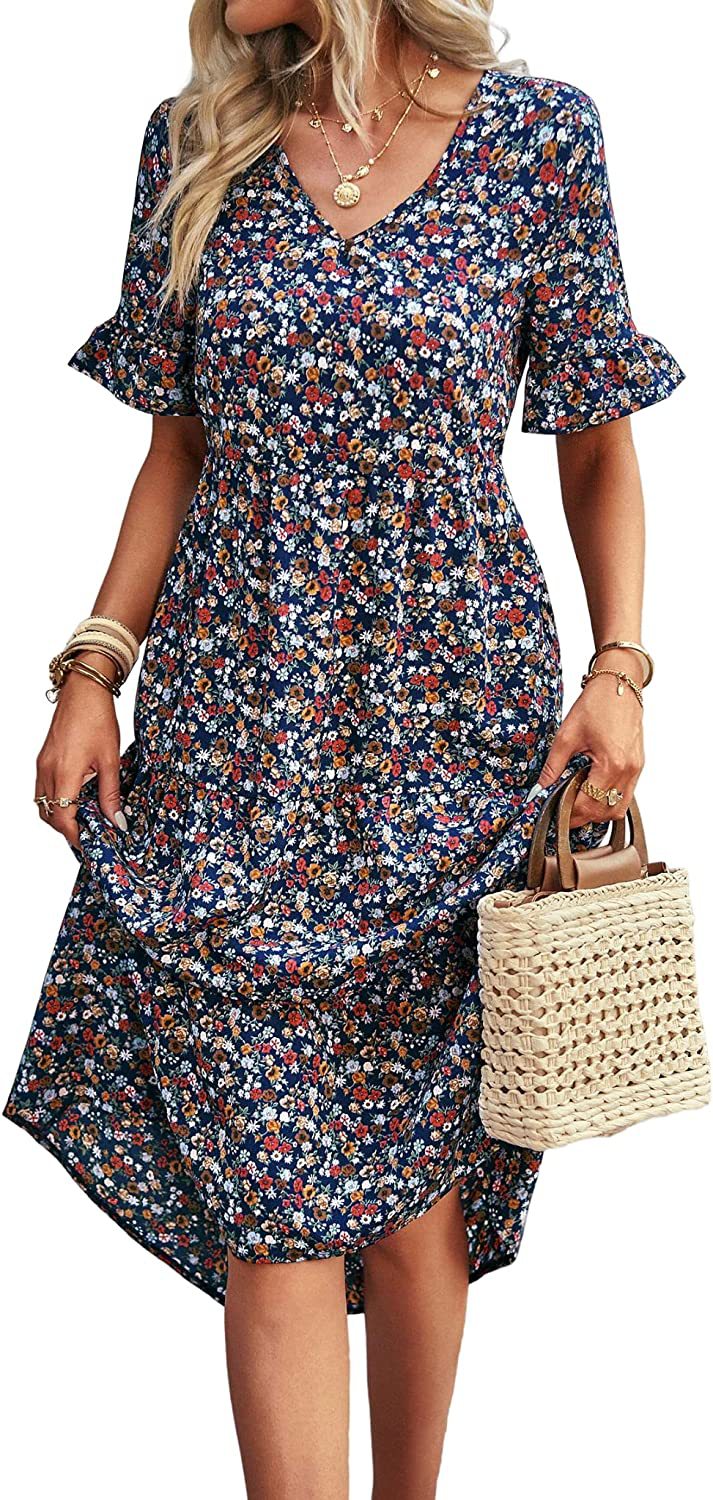 Floral Print V-Neck Midi Dress