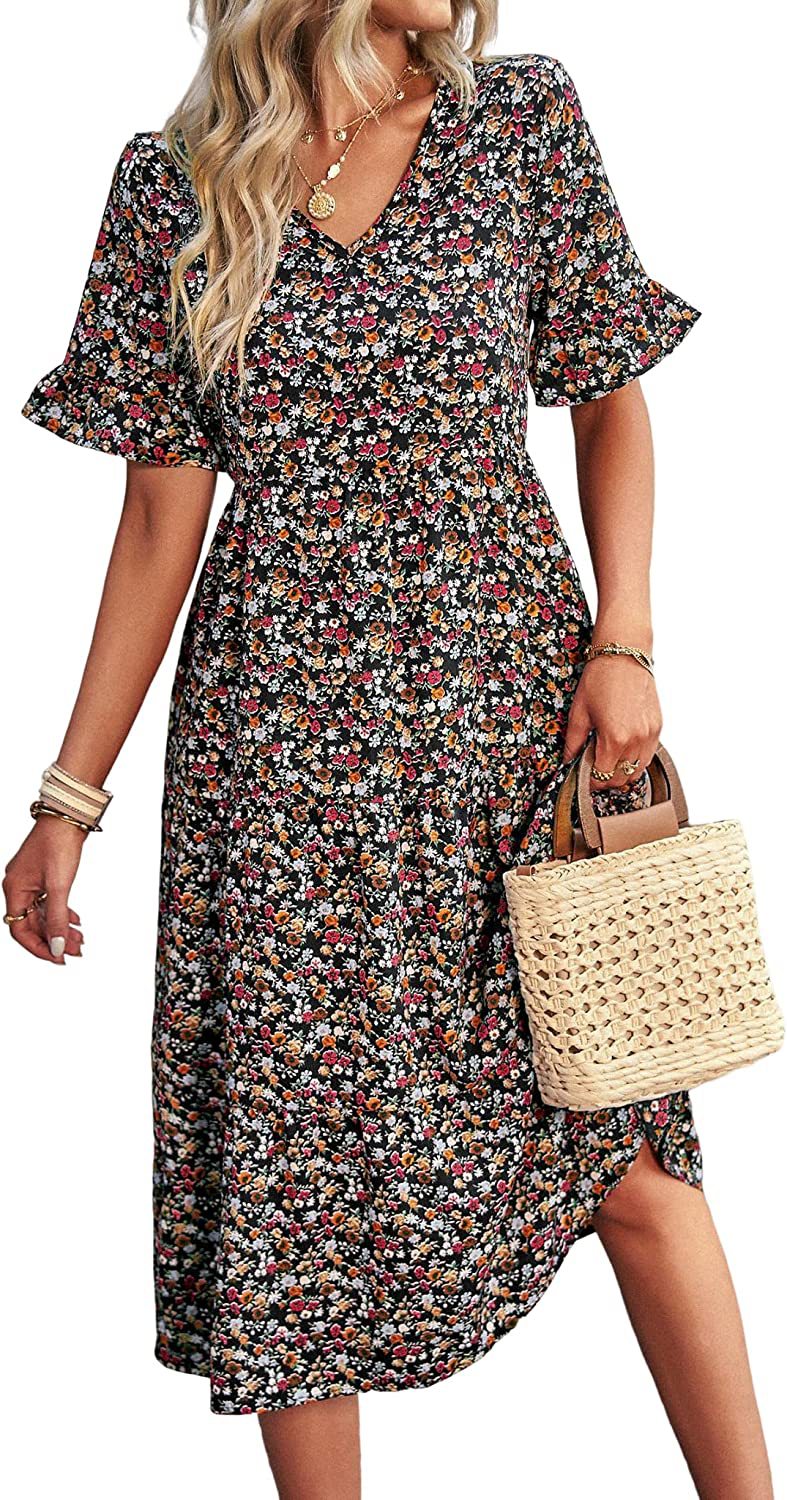 Floral Print V-Neck Midi Dress