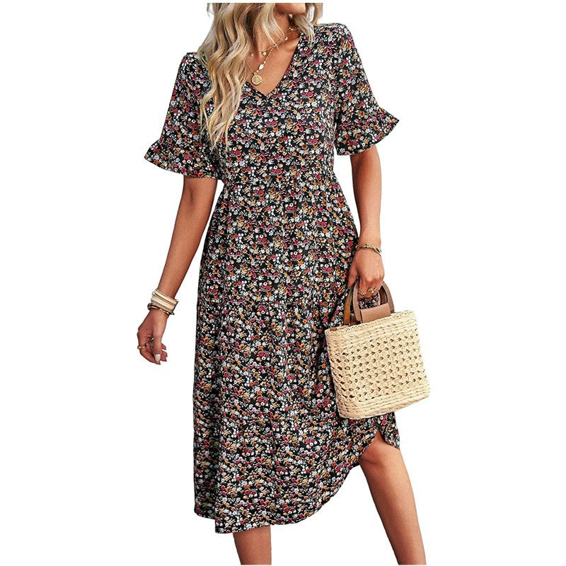 Floral Print V-Neck Midi Dress