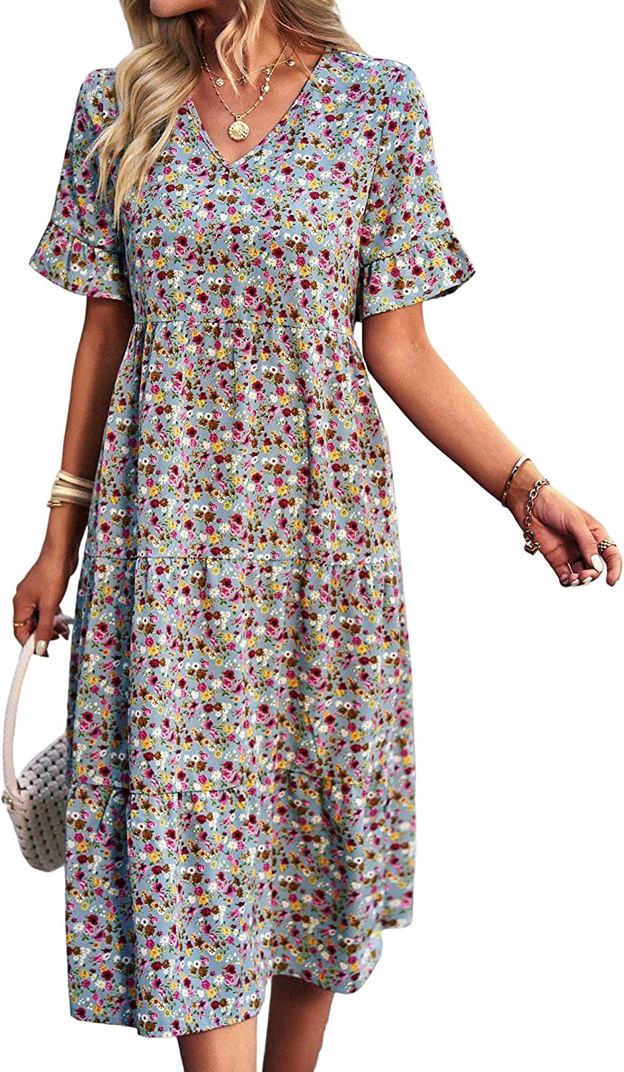Floral Print V-Neck Midi Dress