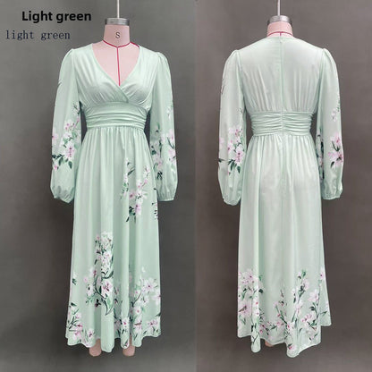 Floral Print V-Neck Pleated Long Dress