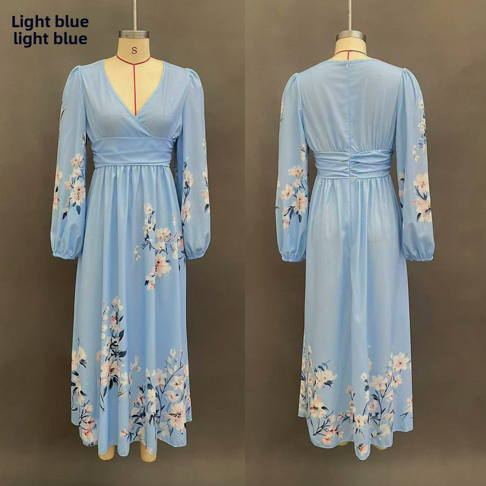Floral Print V-Neck Pleated Long Dress