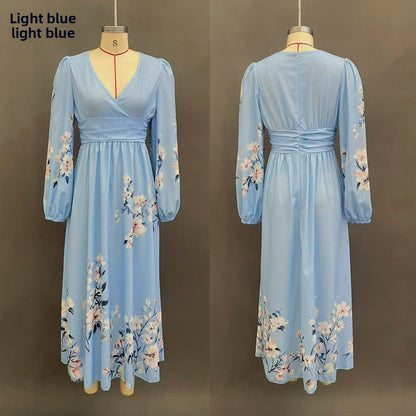 Floral Print V-Neck Pleated Long Dress