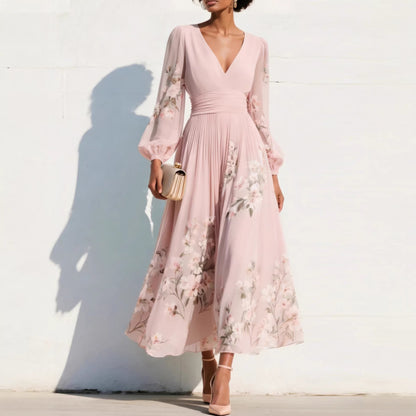 Floral Print V-Neck Pleated Long Dress