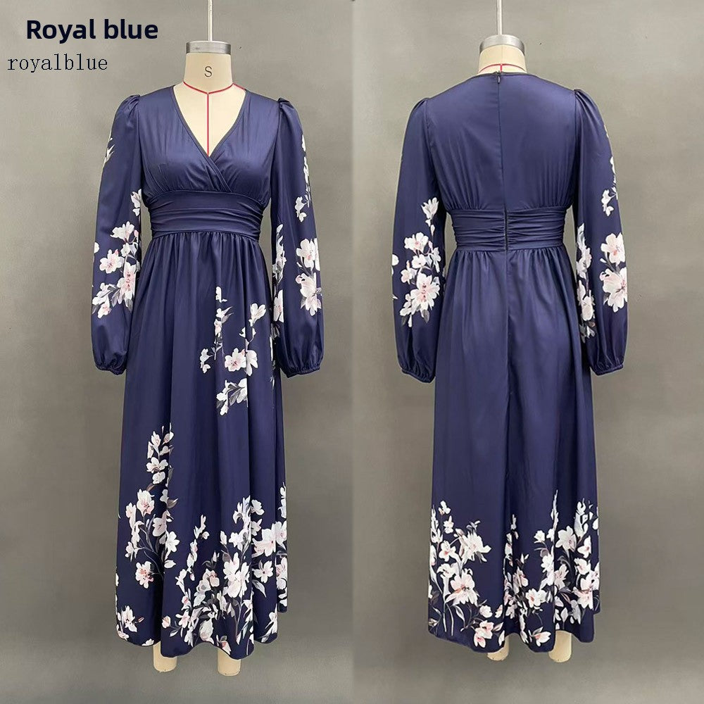 Floral Print V-Neck Pleated Long Dress