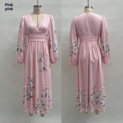 Floral Print V-Neck Pleated Long Dress