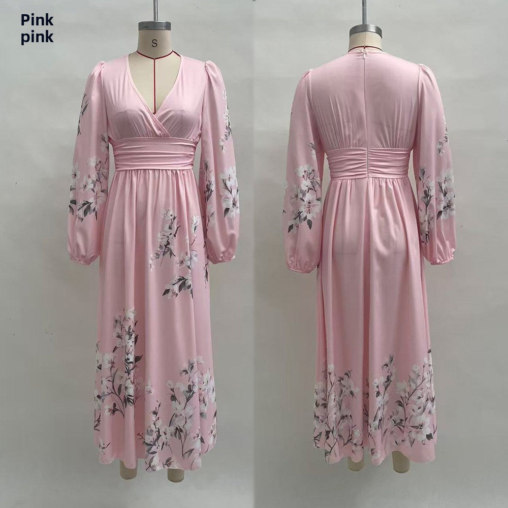 Floral Print V-Neck Pleated Long Dress