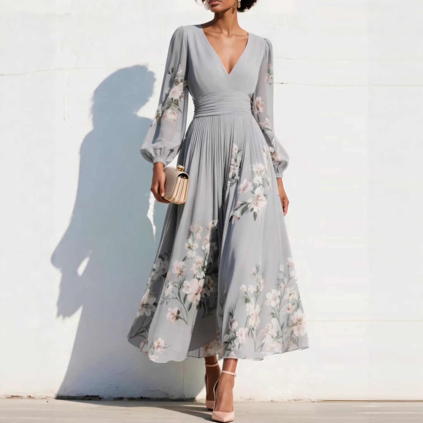 Floral Print V-Neck Pleated Long Dress
