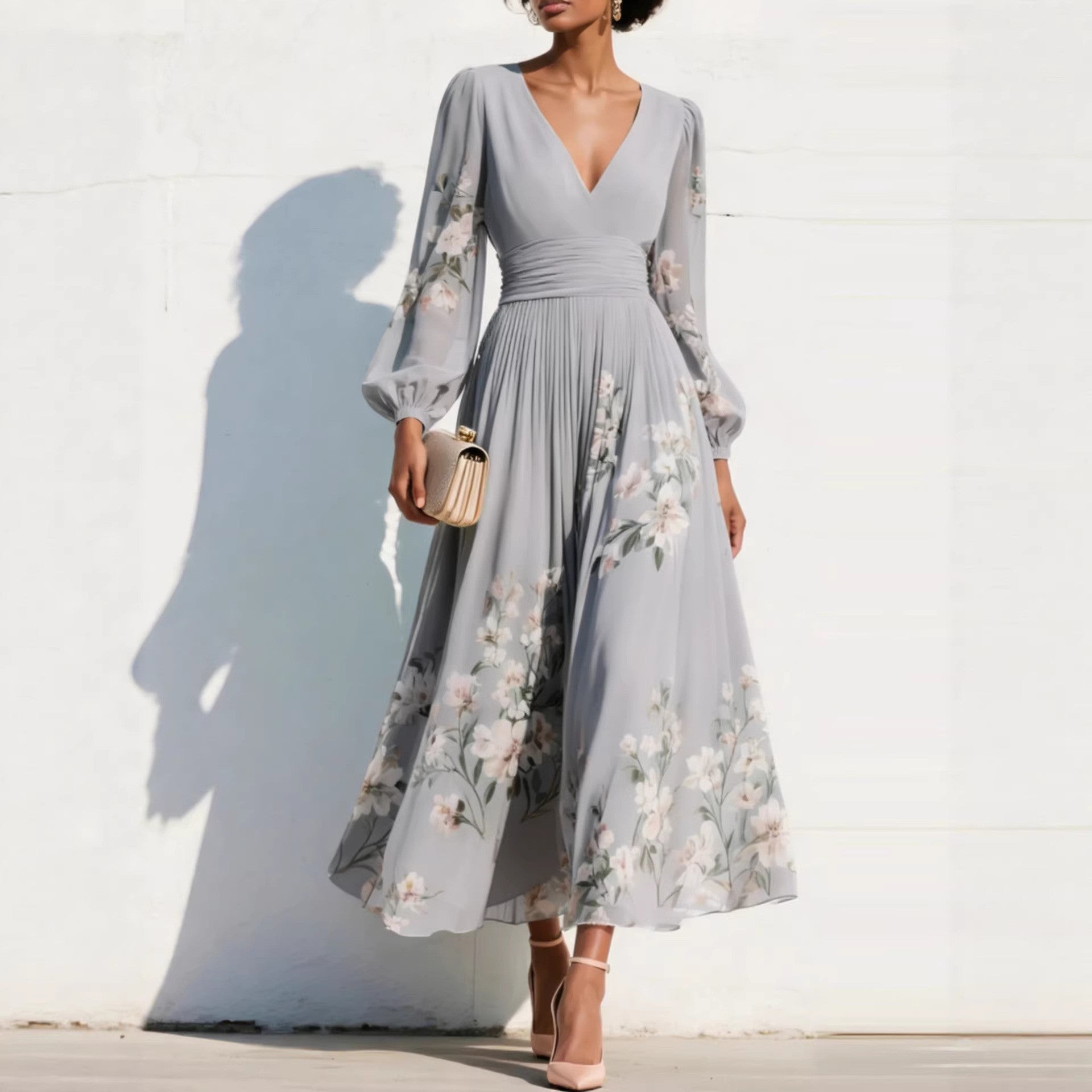 Floral Print V-Neck Pleated Long Dress