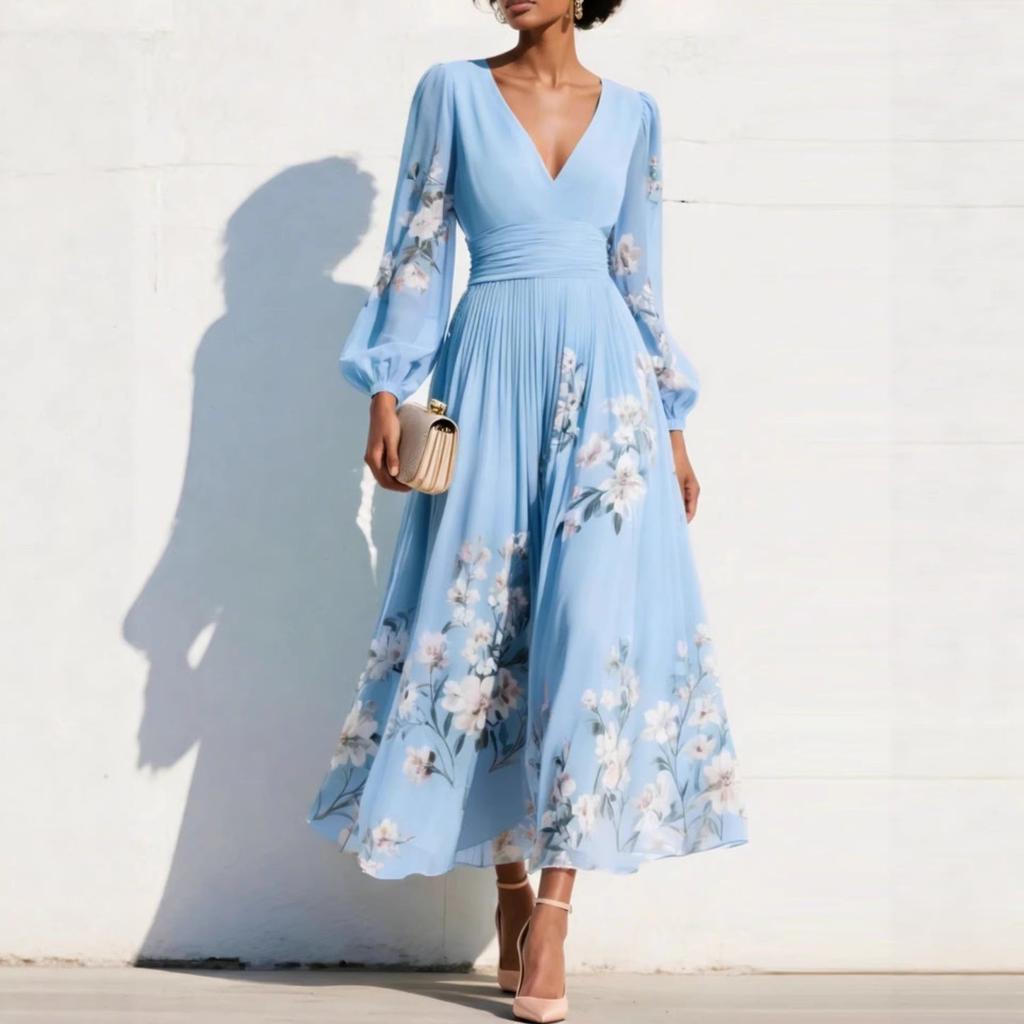 Floral Print V-Neck Pleated Long Dress