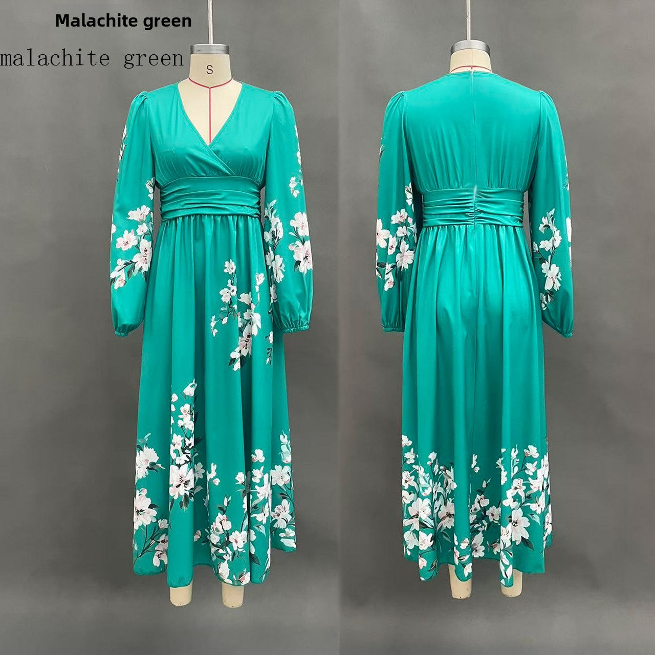 Floral Print V-Neck Pleated Long Dress