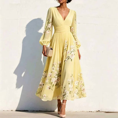 Floral Print V-Neck Pleated Long Dress