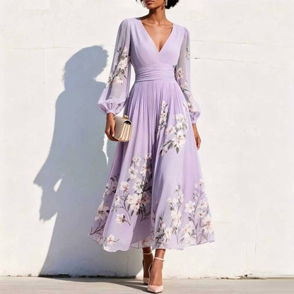 Floral Print V-Neck Pleated Long Dress