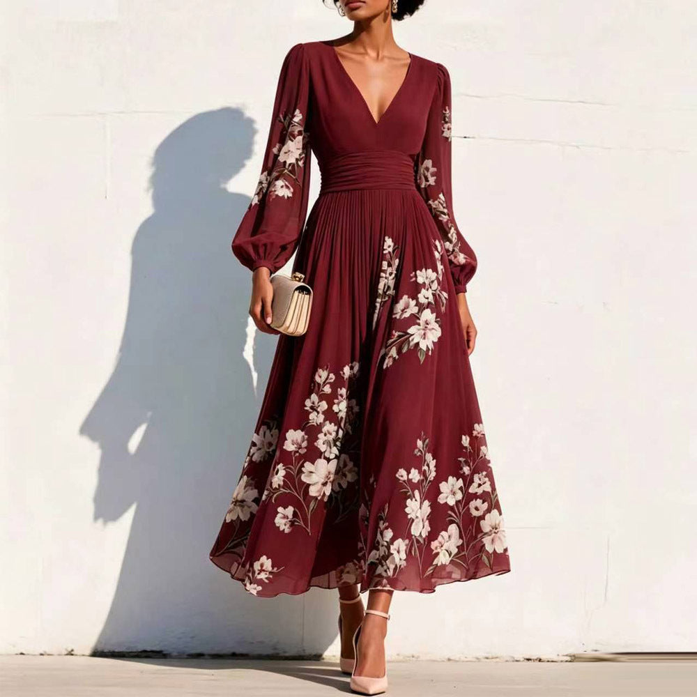 Floral Print V-Neck Pleated Long Dress
