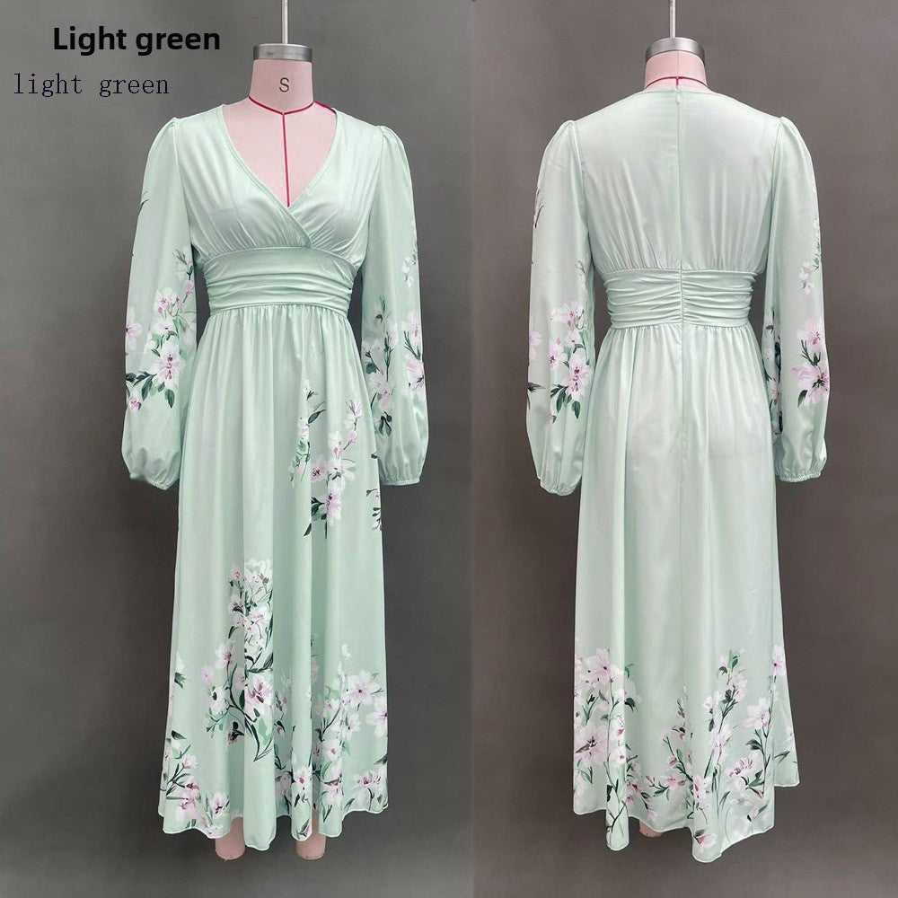 Floral Print V-Neck Pleated Long Dress