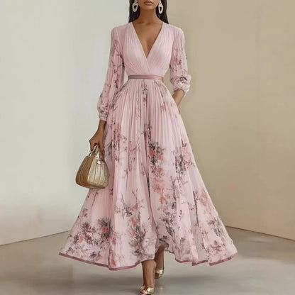 Floral Print V-Neck Pleated Long Dress