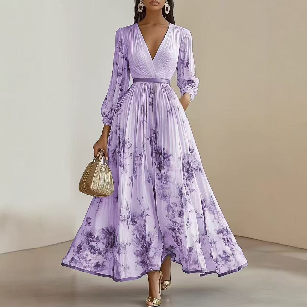 Floral Print V-Neck Pleated Long Dress