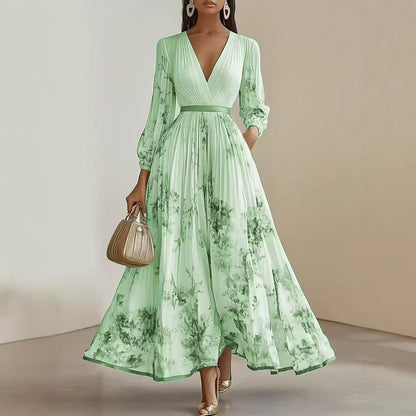 Floral Print V-Neck Pleated Long Dress