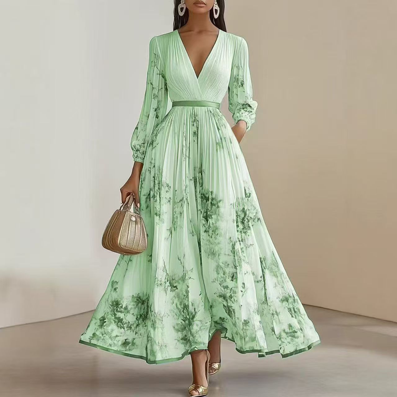 Floral Print V-Neck Pleated Long Dress