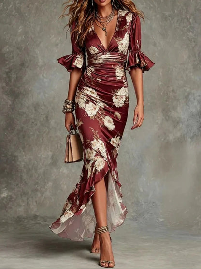 Floral Print V-Neck Slim-Fit Dress