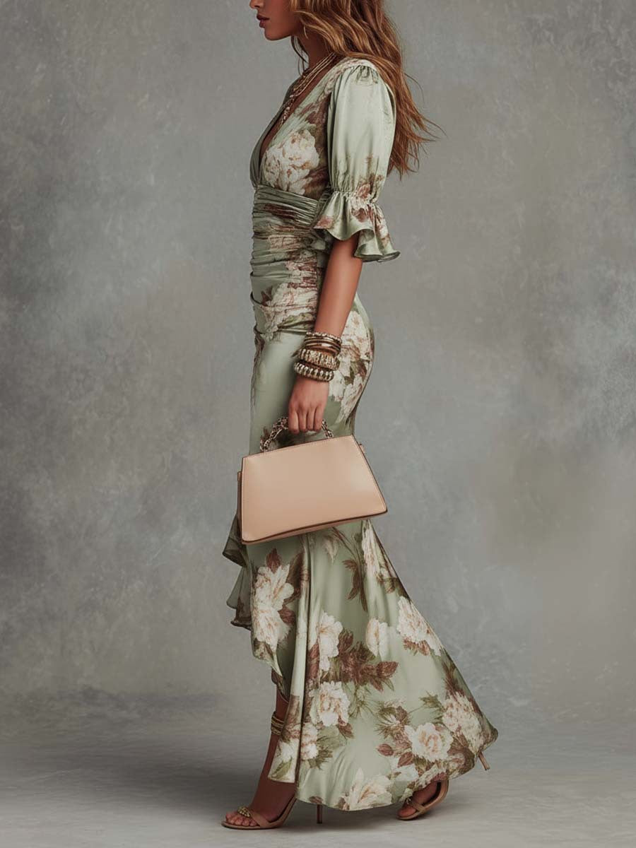 Floral Print V-Neck Slim-Fit Dress