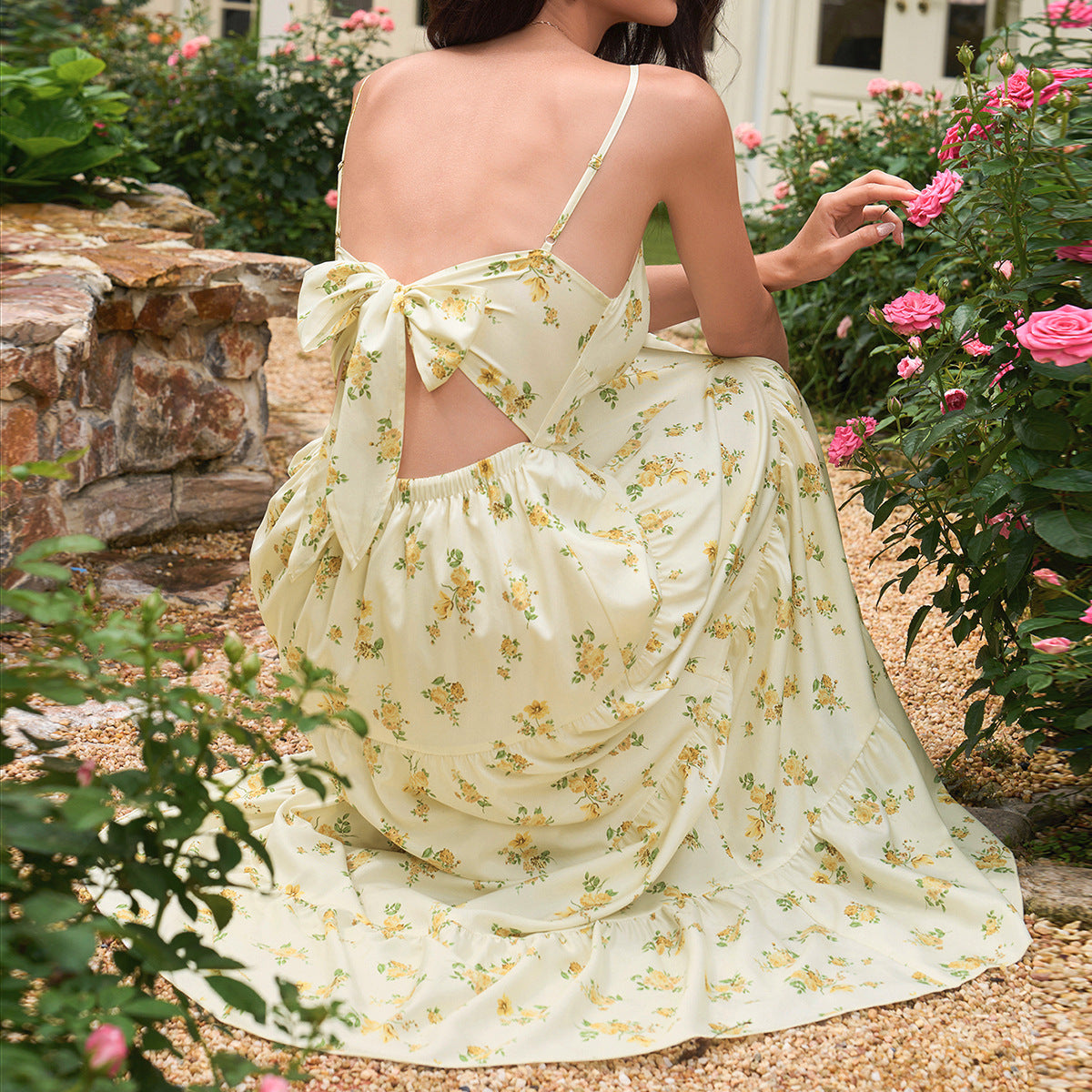 Floral Print V-Neck Strap Backless Long Dress