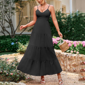 Floral Print V-Neck Strap Backless Long Dress