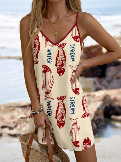 Floral Print V-Neck Strap Beach Dress
