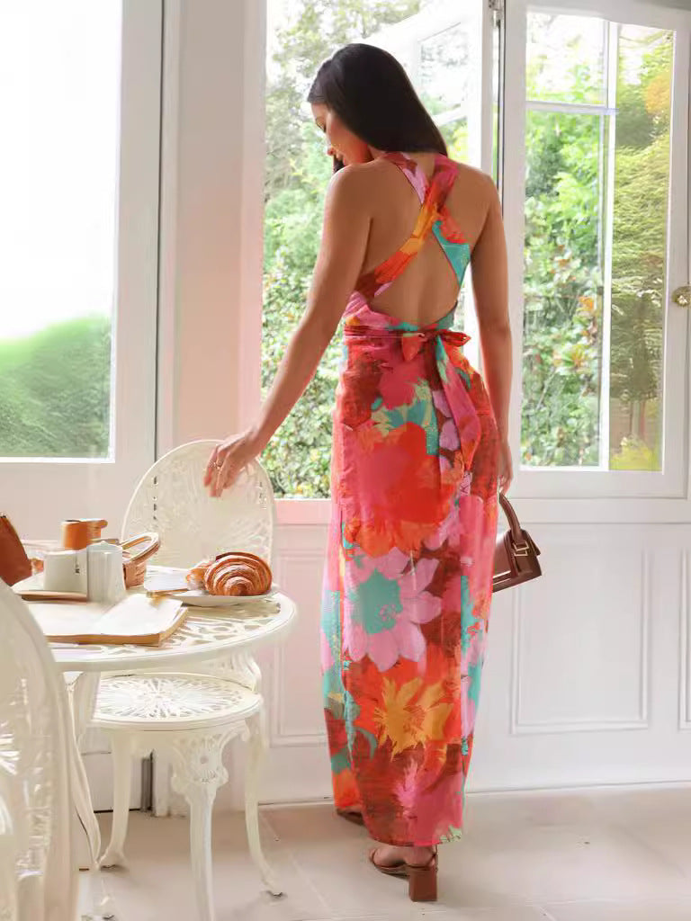 Floral Print V Neck Tie Waist Dress