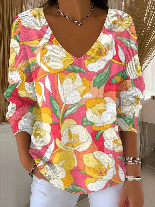 Floral Print Women's V-Neck Long Sleeve T-Shirt