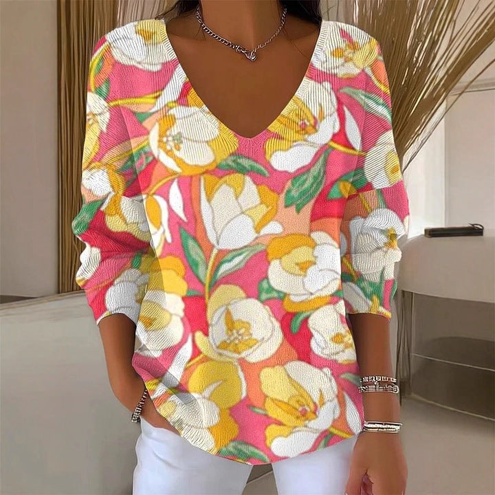 Floral Print Women's V-Neck Long Sleeve T-Shirt