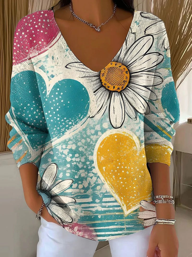 Floral Print Women's V-Neck Long Sleeve T-Shirt