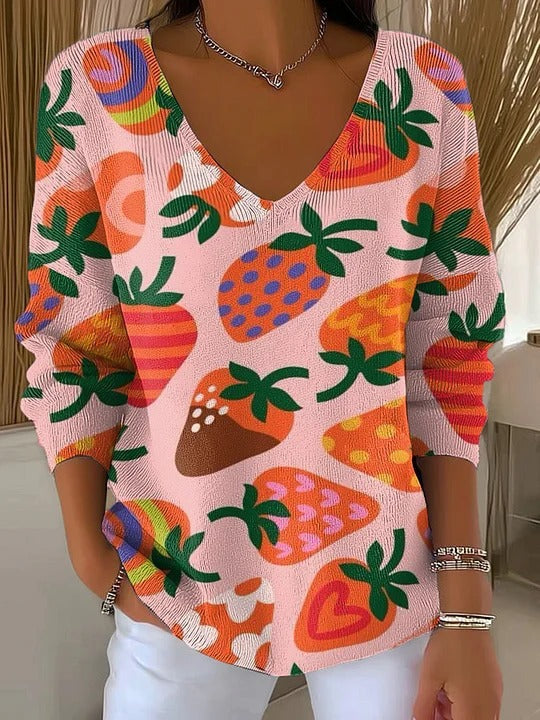 Floral Print Women's V-Neck Long Sleeve T-Shirt