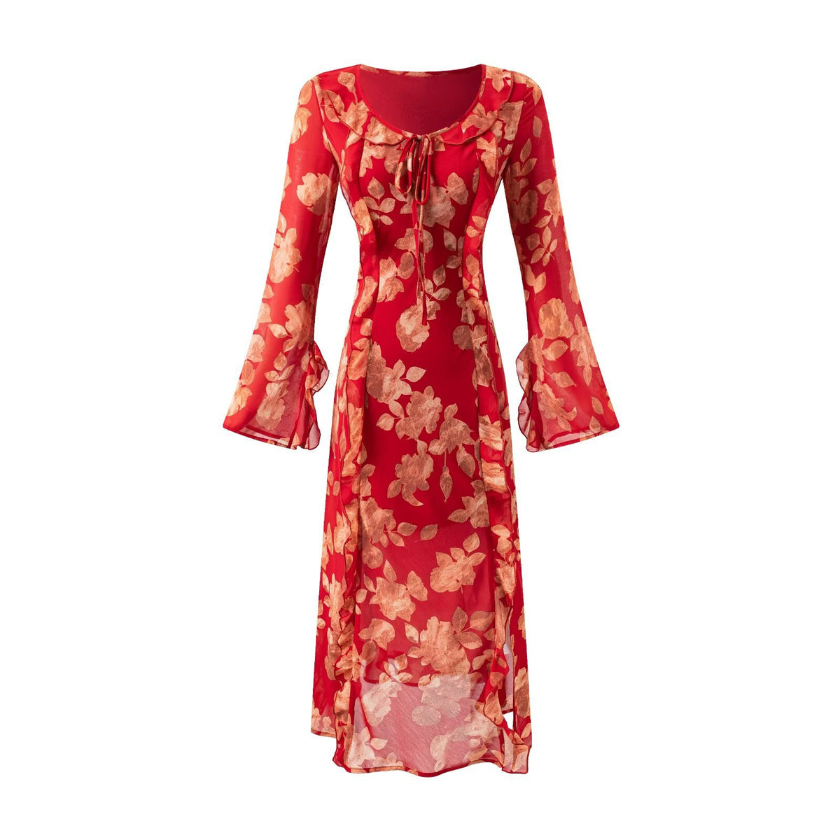 Floral printed short-sleeved wrap dress with ruffled edges and a waistband tie