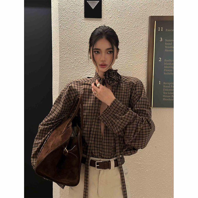 Floral ribbon V-neck checked blouse for women - loose long-sleeved elegant top