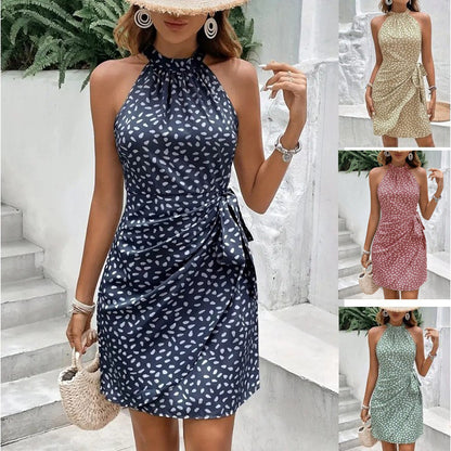 Floral Ruched Halter Neck Dress