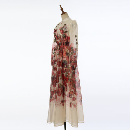 Floral Ruffle Long Dress with Off-Shoulder Design