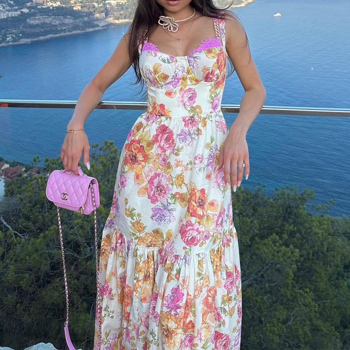 Floral Sling Backless Long Dress