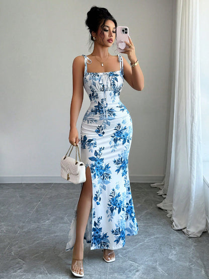 Floral Spaghetti Strap Slim Fit Slit Dress