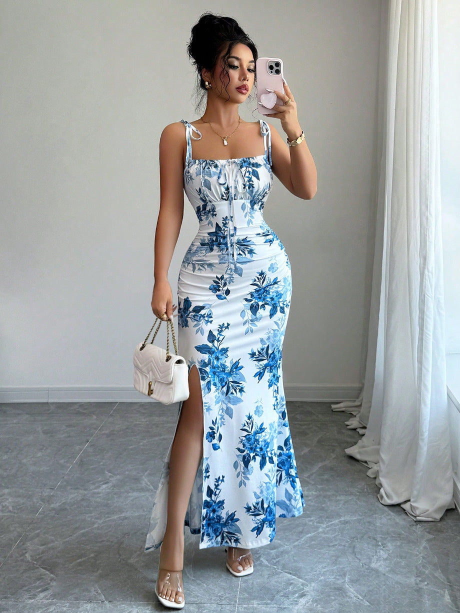 Floral Spaghetti Strap Slim Fit Slit Dress
