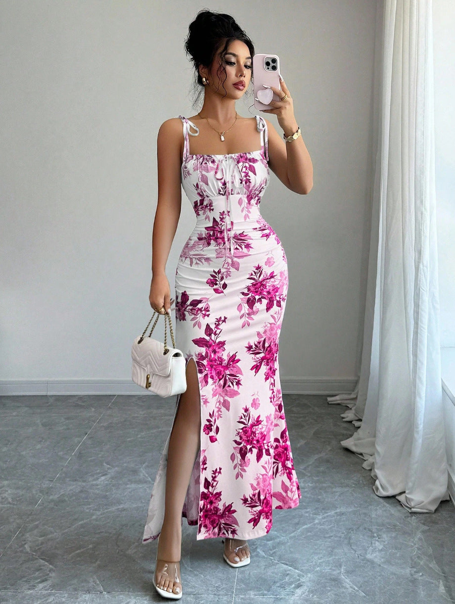 Floral Spaghetti Strap Slim Fit Slit Dress